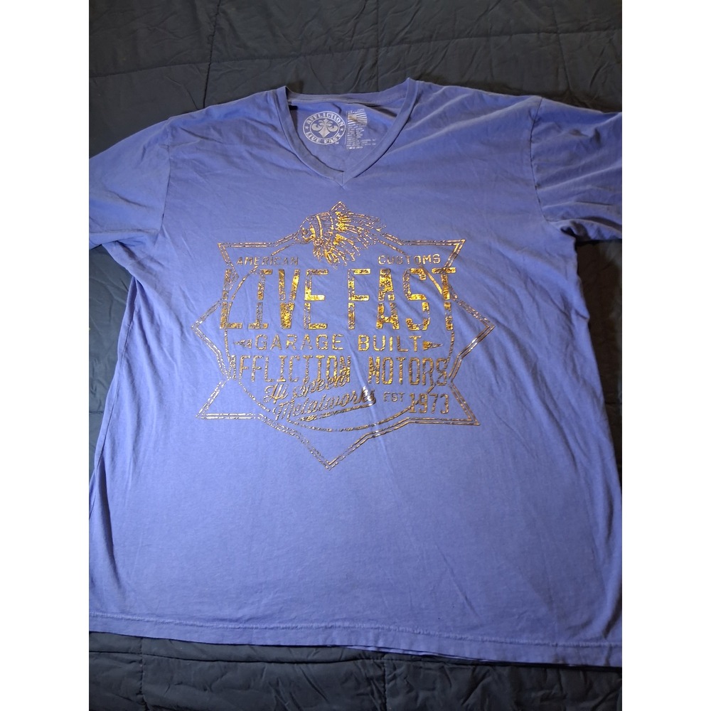 Affliction Live Fast American Customs V-Neck Graphic T-Shirt Blue Gold‎ Men 2XL